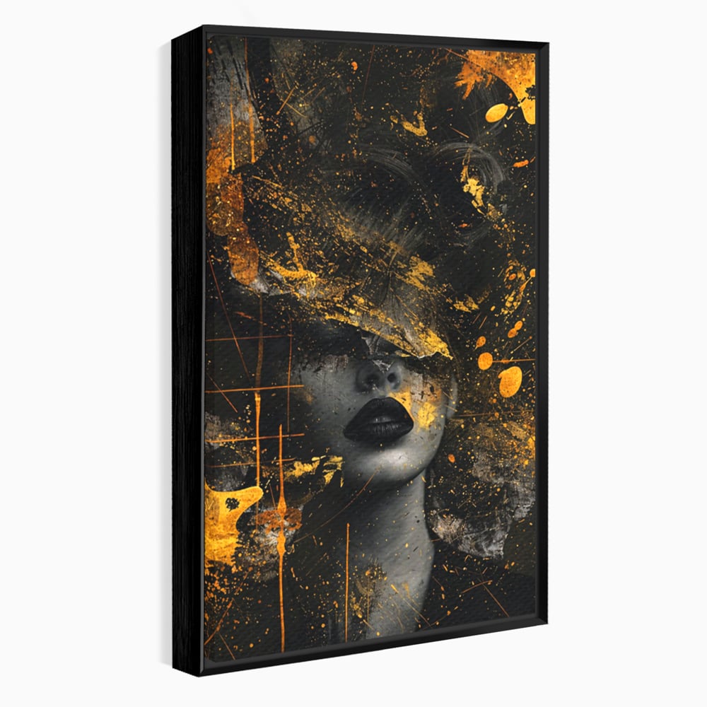 Tablou canvas cu tablou canvas cu portret feminin si pete aurii, in rama de aluminiu negru